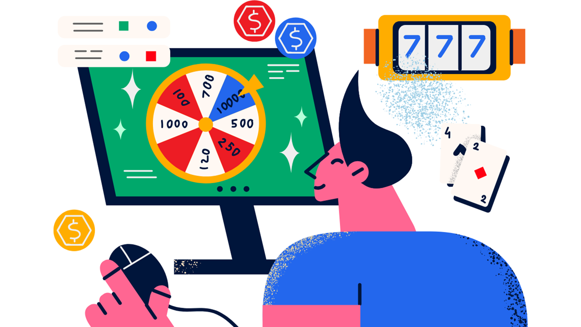 Tegning af dreng der gambler på en computer skærm   