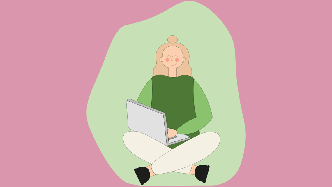 Digital samtykke logo: Grafik af kvinde med pc på skødet