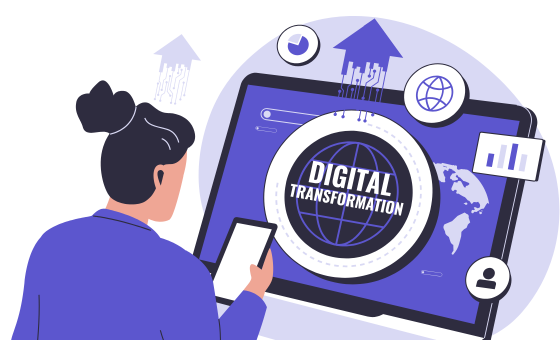 Grafik af kvinder omringet af digital transformation