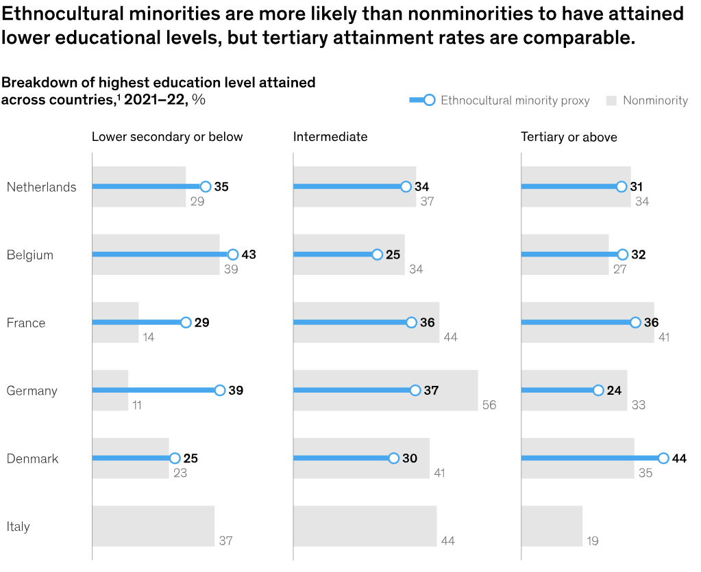 Graf over uddannelses niveau i europæiske lande. nonminoriteter vs minoriteter. 